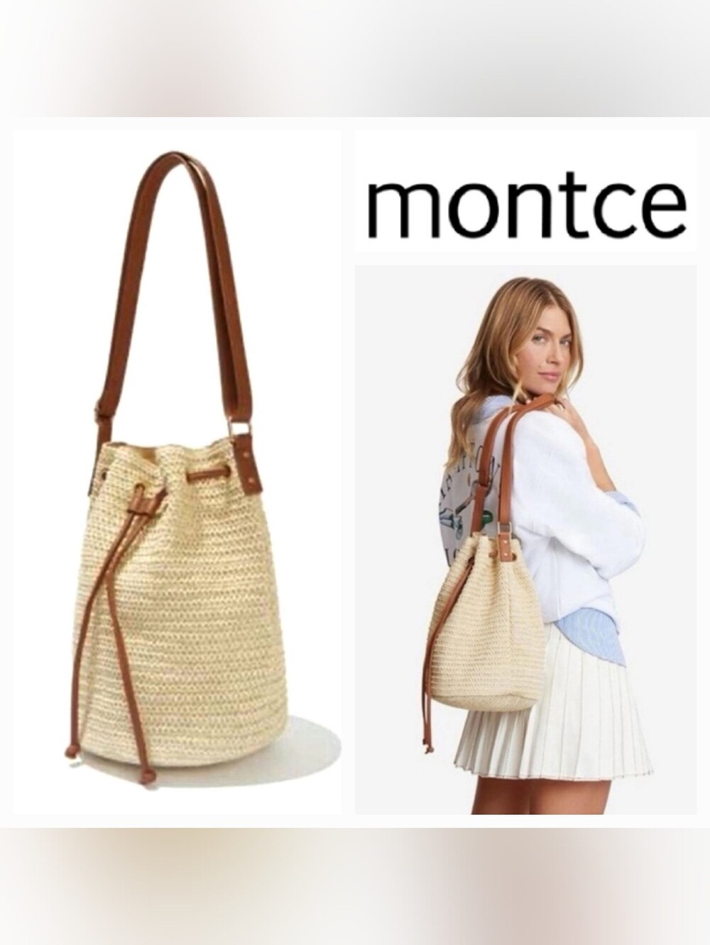 Montce Ali Woven Straw Bucket Bag Ivory/Chestnut Brown NWT